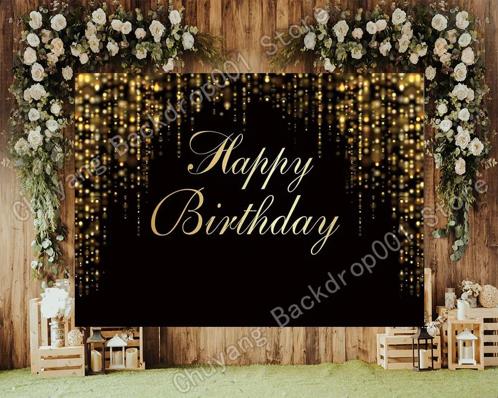 

Happy Birthday Party Backdrop Black and Gold Glitter Bokeh Sequin Spots Photography Background Golden Sparkle Shining Dots Baby