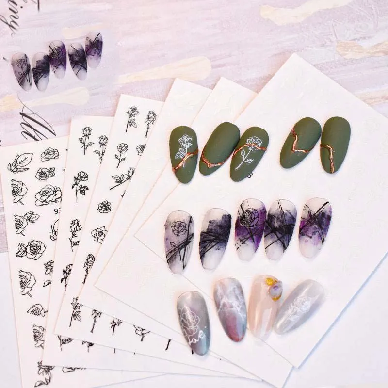 

3D Nail Decoration Decals Transfers Black Water White Nail Art Stickers Flowers