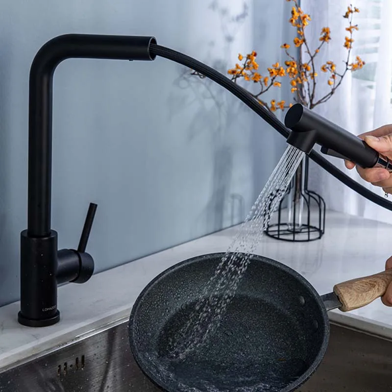 Матовый черный смеситель из нержавеющей стали для кухонной раковины выдвижной