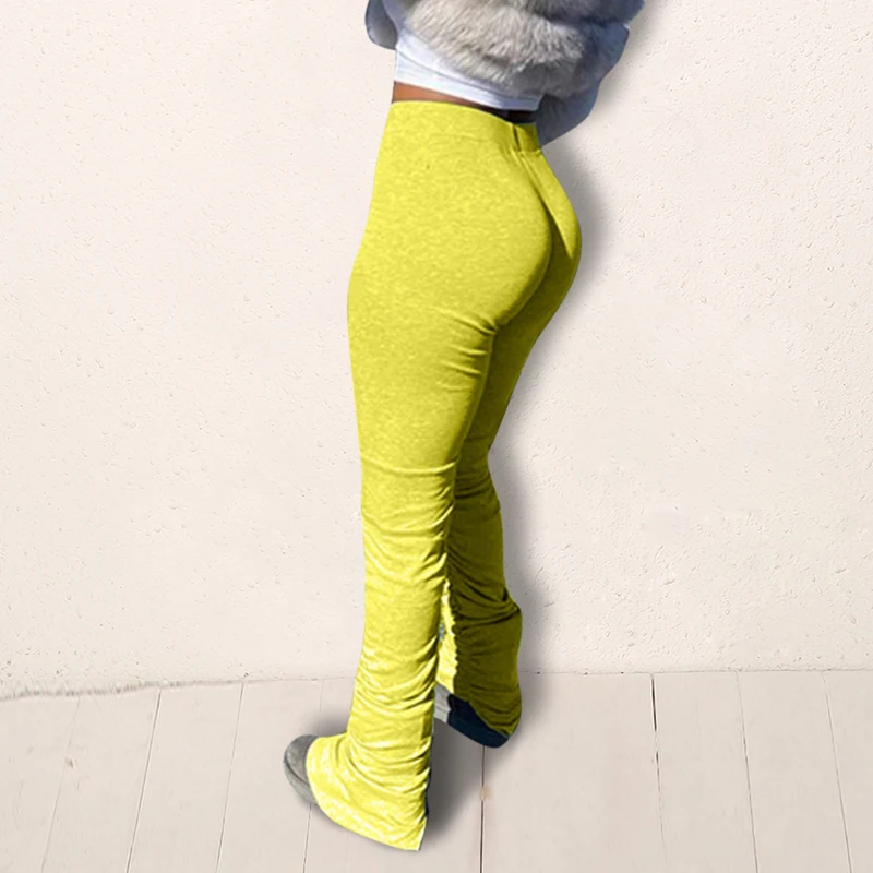 

Women Pants High Waist Sweatpants Stacked Legging Elastic Summer Leggings Hem Flare Ruched Skinny Pant Split Bell Bottom Trouser