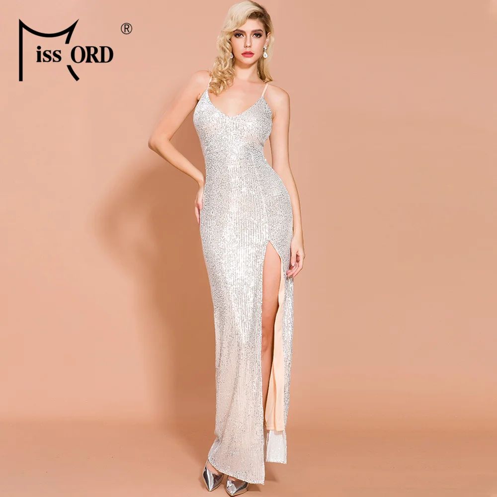 Платье макси с глубоким V образным вырезом без рукавов блестками|Женские платья| |