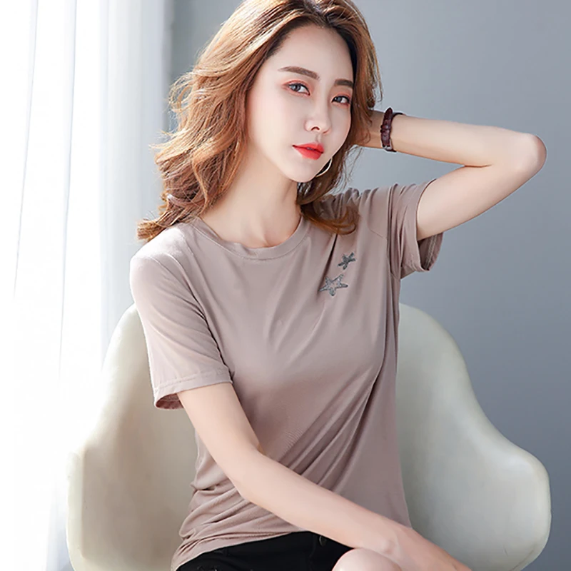 Футболка женская из модала и хлопка с вышивкой коротким рукавом|Футболки| |