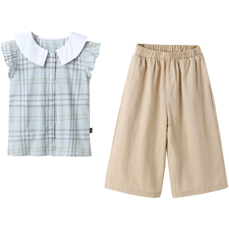 

2020 Summer Children Sets Casual Sleeveless Turn-down Collar Solid Trousers 2Pcs Girls Clothes Sets 3-12T