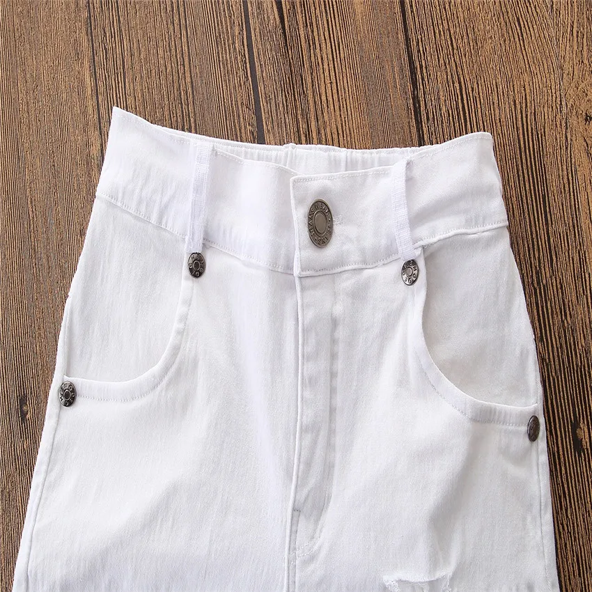 

Girl Clothes Set 2020 New Pink Short-sleeved Off-the-shoulder Striped Top White Fashion Ripped Straight Trousers Two-piece Suit