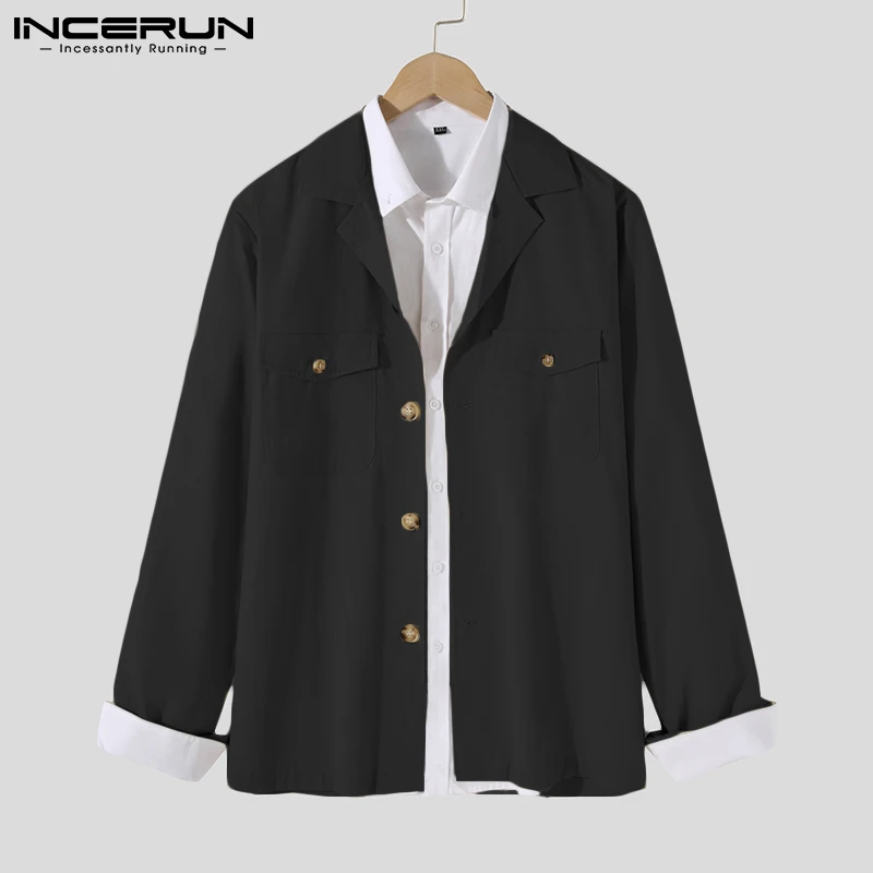 

Мужская Повседневная рубашка INCERUN, однотонная хлопковая рубашка с отложным воротником, длинными рукавами и карманами, уличная одежда для от...