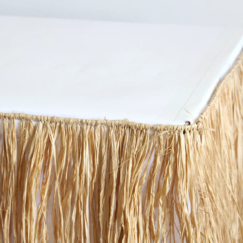 

Summer Party Table Skirt Desk Skirt Decorative Prop with Simulation Straw for Seaside Beach Party Decoration