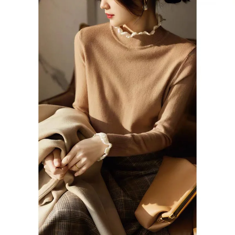 

Новинка, кашемировый свитер с воротником «хомут», женские пуловеры с длинными рукавами и крючком в стиле пэчворк, вязаные топы, модные топы ...