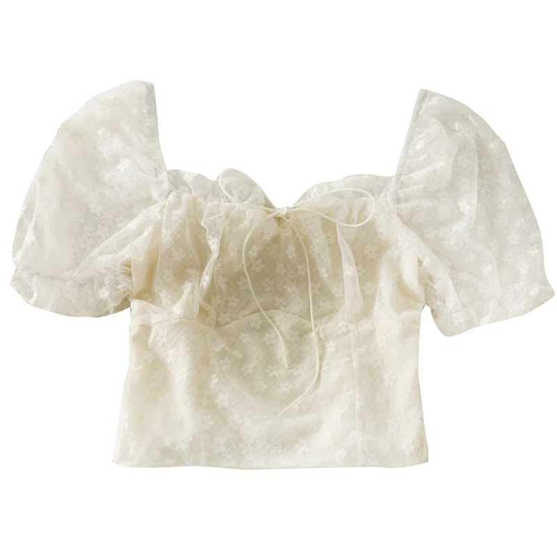 

Small and versatile short sleeve lace up shoulder thin lace shirt women's new short slim slim foreign style shirt