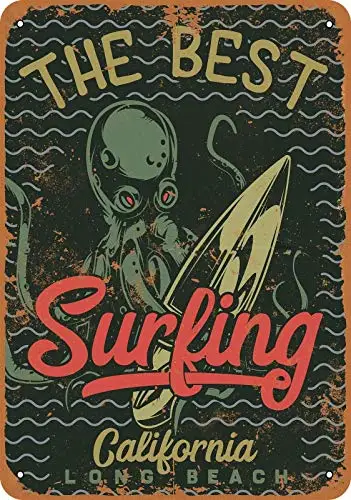 

Metal Tin Sign The Best Surfing Long Beach Octopus Pub Outdoor Bar Retro Poster Home Kitchen Restaurant Wall Decor Signs 12x8inc
