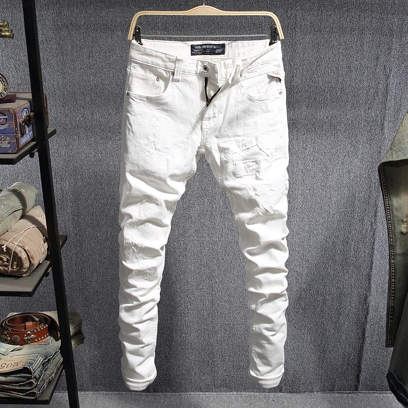 

Мужские рваные джинсы, Эластичные зауженные брюки-карандаш белого цвета с заплатками в Корейском стиле