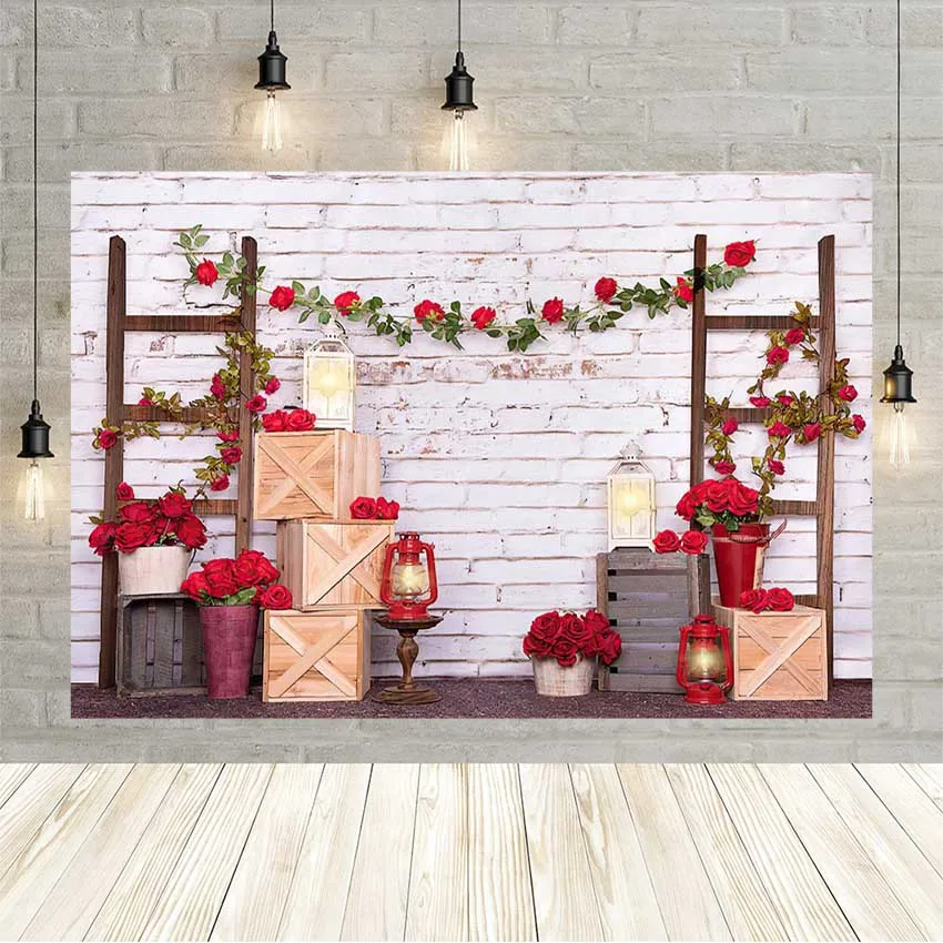 

Avezano Valentines Day Background For Photography White Brick Wall Wood Red Rose Baby Shower Wedding Photo Backdrop Photozone
