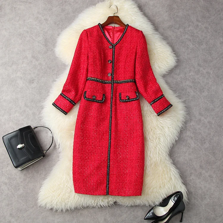 European and American women's wear spring 2022 new Long sleeve v-neck fine button chain fashion red tweed dress