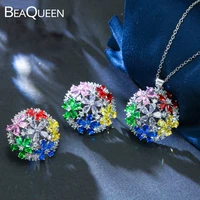 beaqueen sparkling big half round ball colorful cubic zircon crystal necklace stud earring costume jewelry set for women js118