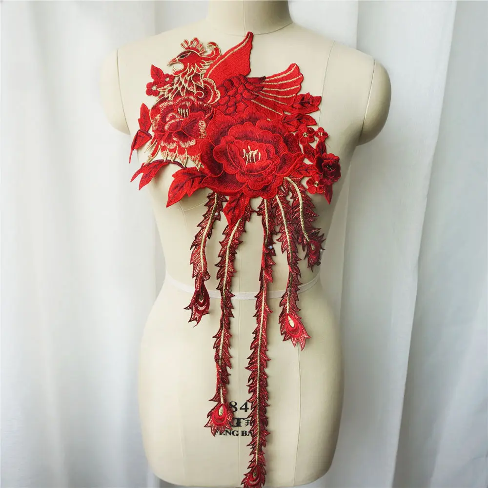 Красный павлин феникс длинный хвост с цветочной вышивкой кружевной ткань для
