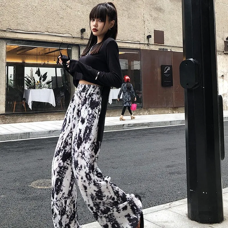 

2021 Spring Style Tie Dye Pants Women's High-waist Wide-leg Pants Women's Fashion Pants Loose Casual Pants Women's Streetwear