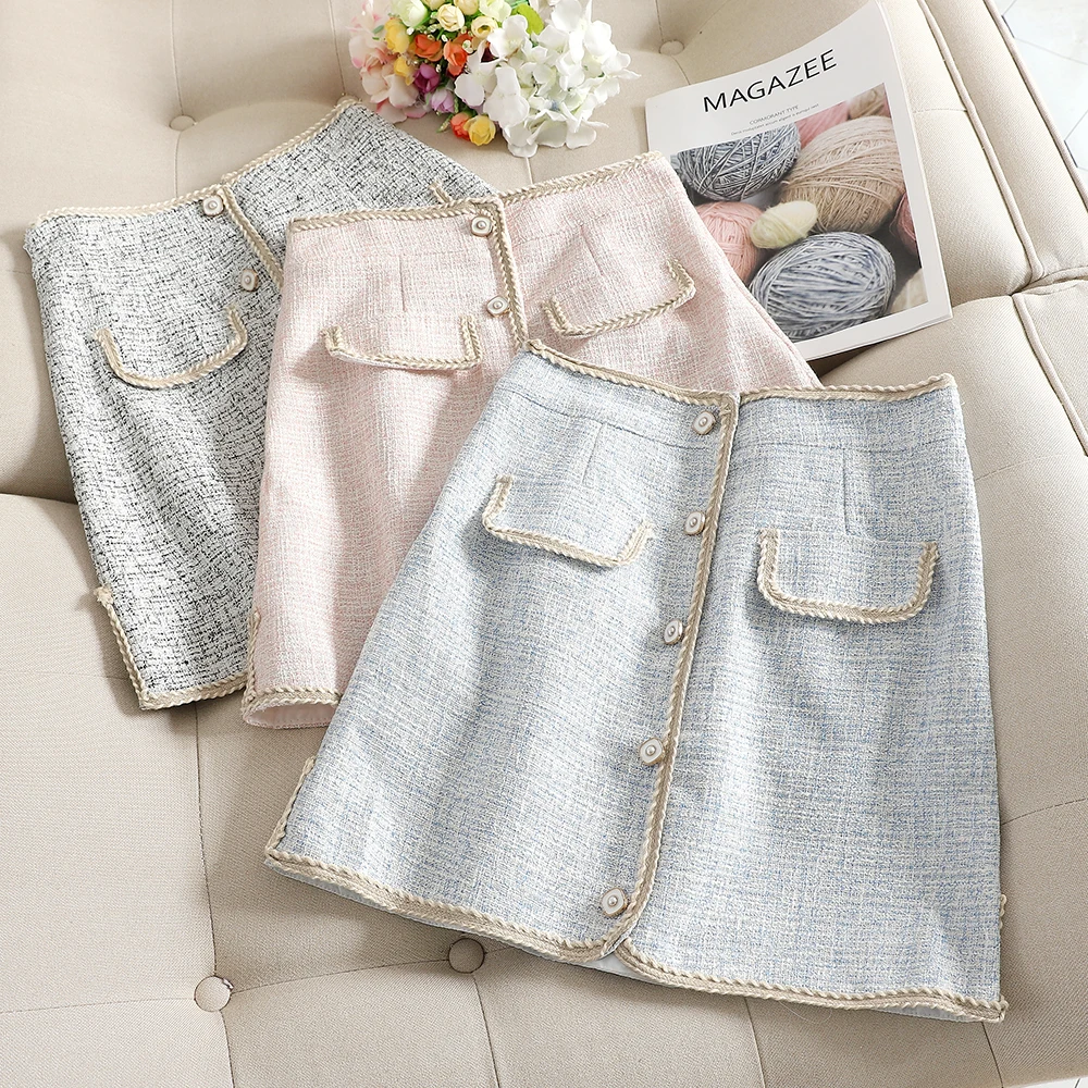 Женская твидовая мини юбка MUMUZI клетчатая короткая с высокой талией и пуговицами