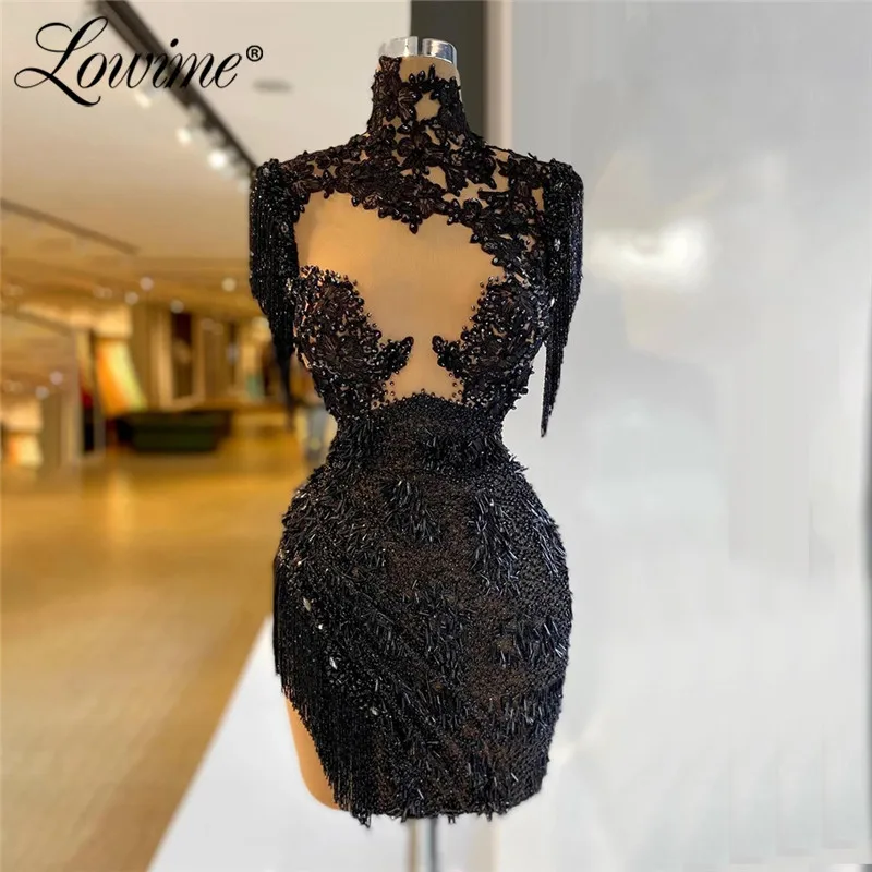 Black Cocktail Dresses Party Gowns 2021 Custom Made Beading Tassel Knee Length Evening Dress Short Sleeves Lace Applique Dresses