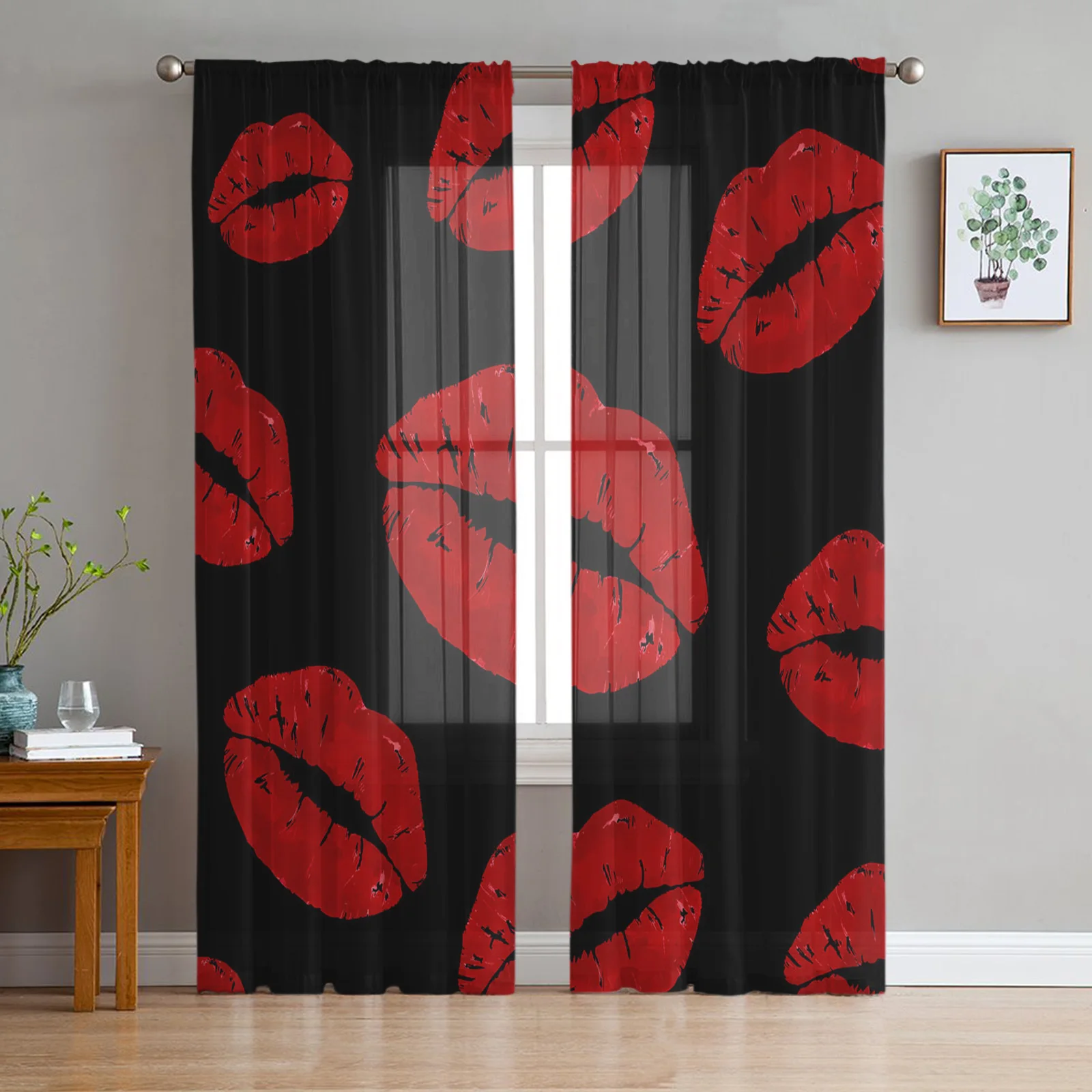 Черные прозрачные шторы с принтом красных губ тюлевые занавески для окон
