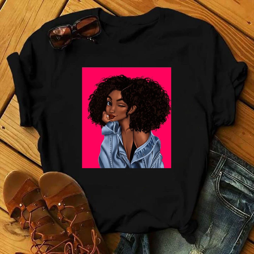 

Female Summer Fashion Short Sleeve Tshirts Cool Melanin Black Girl Graphic Printed Women Black T-shirt Casual Tops Tee
