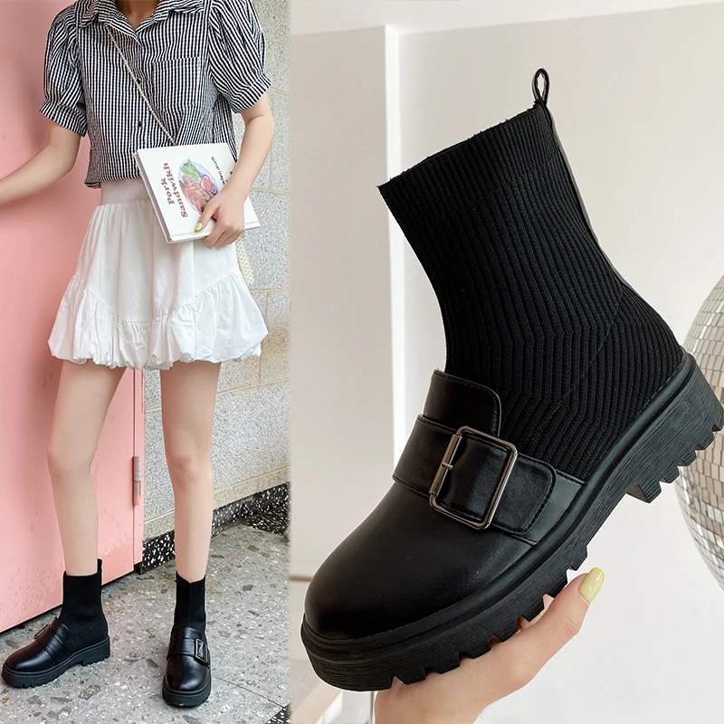 

New elastic cloth buckle women's fashion all-match round toe high heels and ankle boots thick-soled comfortable women's shoes