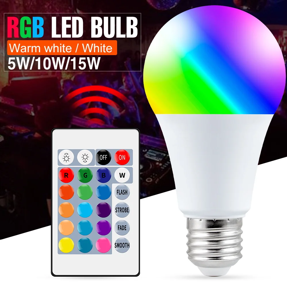 Bombilla LED inteligente E27 RGB, lámpara de bajo consumo, 85-265V, foco regulable,...