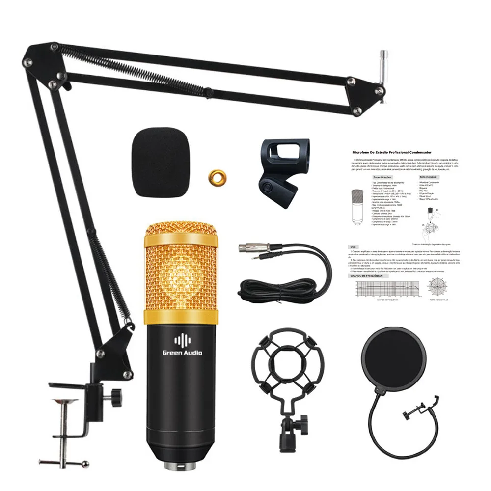 

Studio Recording Condenser Microphone Kit with Shock Mount+Arm Stand+Windscreen+Cable for Network Broadcasting Online Singing
