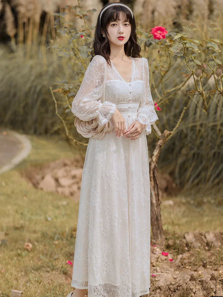 

Dress French Style Gentle White Dress 2021spring New Slimming Temperament Super Fairy Mori Style Lace Skirt Fashion Women Fairy
