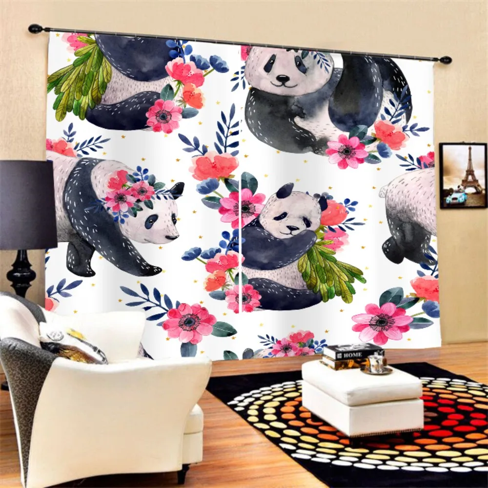 2 панели полиэстер черная занавеска 3D принт Милая панда черные глаза цветок окно