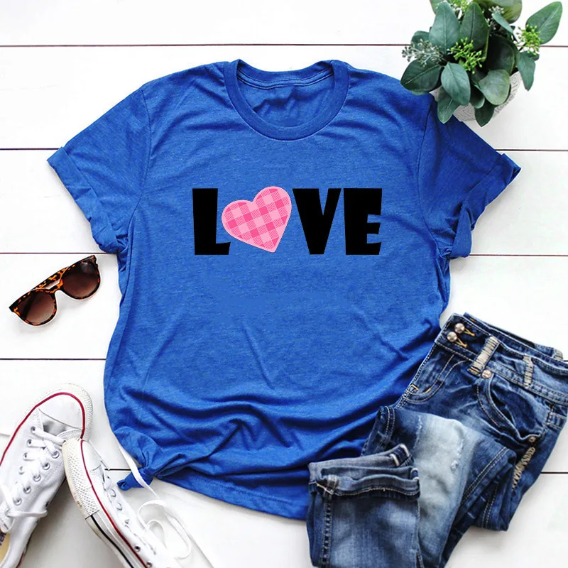 

Plaid Love Letter Print Women T Shirt Short Sleeve O Neck Loose Women Tshirt Ladies Tee Shirt Tops Clothes Camisetas Mujer