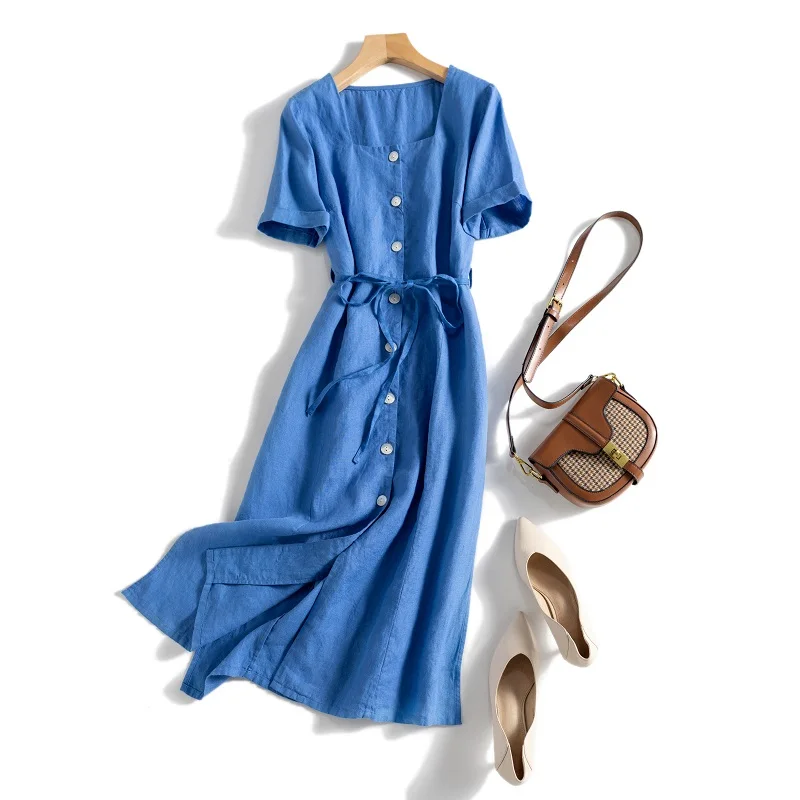 Summer New Women Loose Plus Size Japan Style Comfortable Breathable French Water Washed Cotton Linen Shirt Dresses W/h Belt