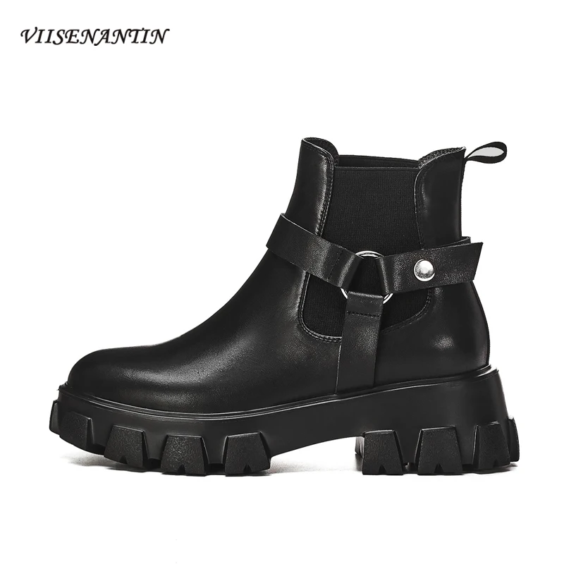 

Женские ботильоны на толстой подошве, черные короткие ботинки из натуральной кожи на резинке, с круглым носком, на платформе и толстом каблу...