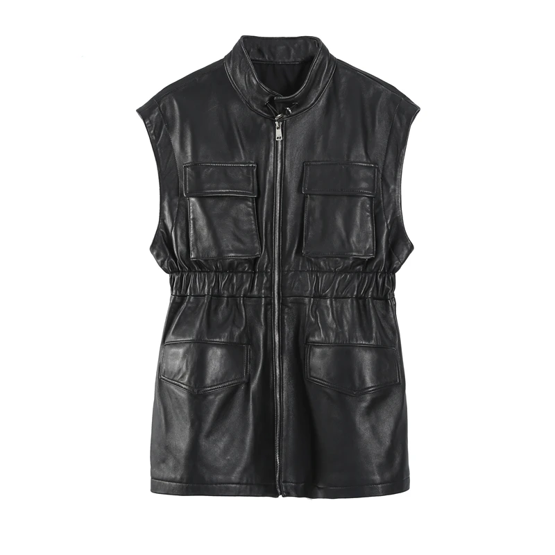 

Real Women Vest Leather Slim Stand Collar Cargo Sleeveless Jacket Autumn Winter New Street Sheepskin Waistcoat Multi-pockets