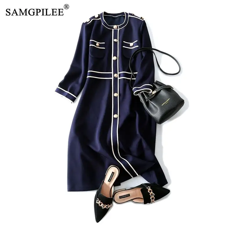 

Женское Повседневное платье-трапеция, однотонное элегантное платье с круглым вырезом и пуговицами три четверти, модель 4XL на осень, 2021