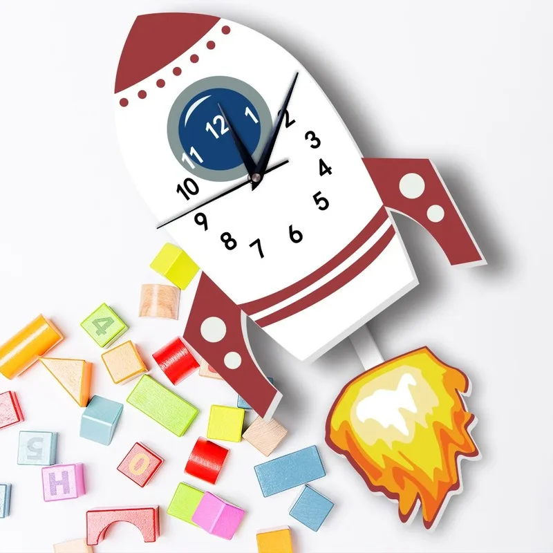 Мультяшные настенные часы с маленькой ракетой маятниковые Ins Nordic детская комната