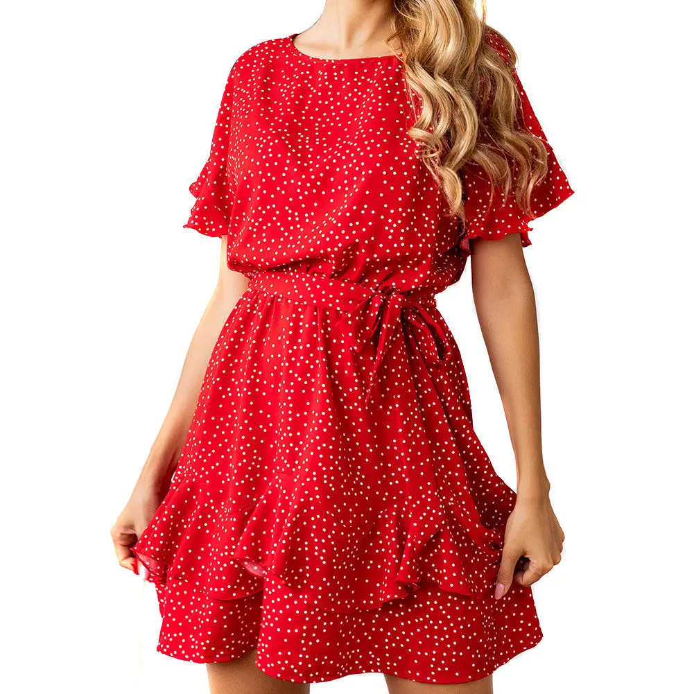 Женское богемное мини платье в горошек с рюшами и круглым вырезом коротким