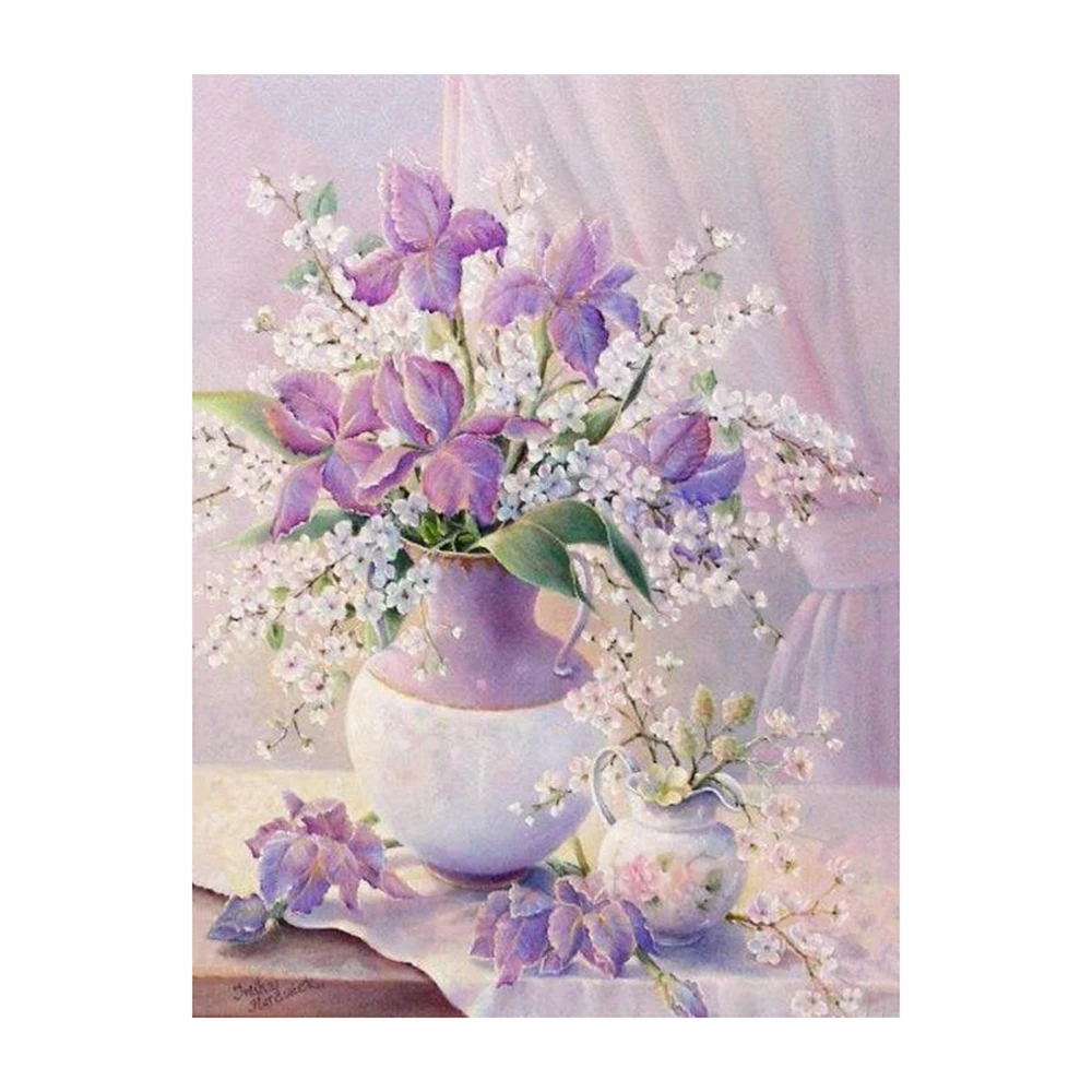 Алмазная 5D картина сделай сам с фиолетовыми цветами квадратные и круглые стразы