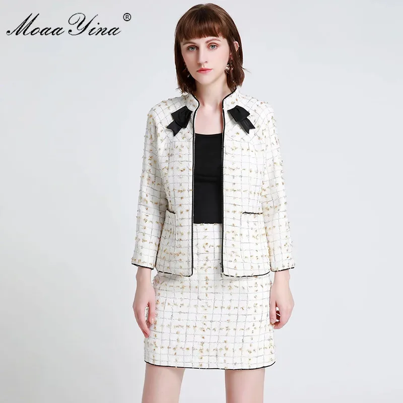 MoaaYina Fashion Designer Runway Suit Spring Women Long sleeve Plaid Elegant Tops+Short skirt high quality Two-piece set | Женская