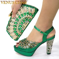 2020 new green with print desgin shoes and evening bag set hot sale sandal shoes with handbag heel height 10 5cm