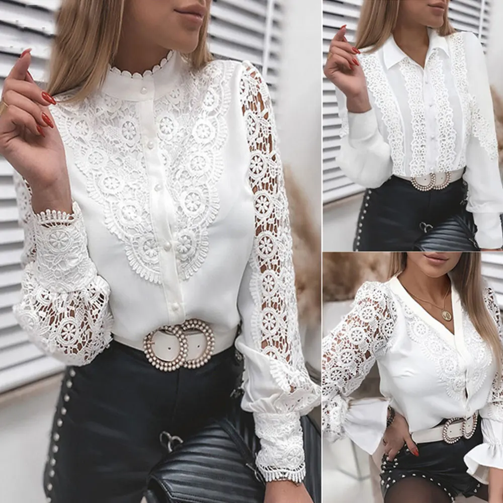 

Sexy V Neck Lace Patchwork Hollow Out Women T-Shirt Long Sleeve Button Mesh All-Match Design Tops Elegant Ruffles Blouse