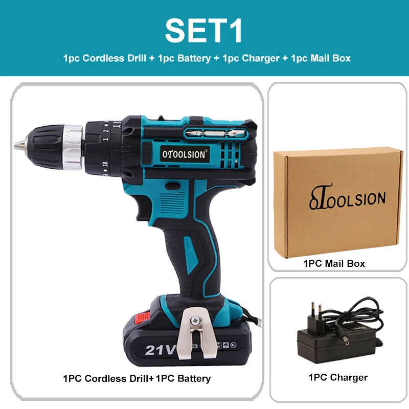 SET1 (1pc battery) 21 в 18+ 3 вращающая Ударная дрель аккумуляторная отвертка Электроинструмент шуруповерт Ударный Молоток дрель шуруповерт с пластиковым ящиком для инструментов - Цвет: SET1 (1pc battery)