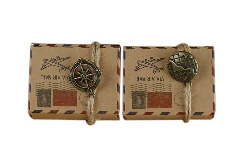 100pcs Vintage Kraft Airmail Candy Box Travel Wedding Decoration Rustic Wedding Favor Boxes With Earth Compass Accessories