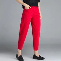 new arrival spring summer women high waist loose harem pants plus size casual cotton denim female ankle length red jeans d319