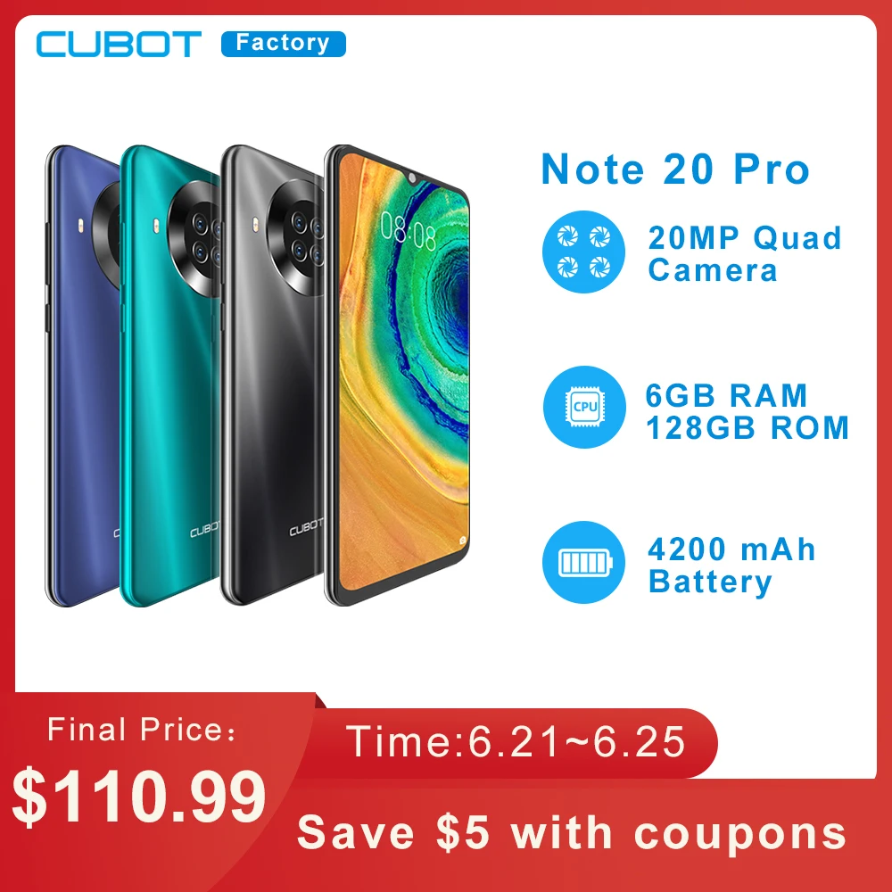 Оригинальный Cubot Note 20 Pro смартфон 6 ГБ 128 сзади Quad Камера 12MP NFC 5 ″ HD Дисплей Android 10