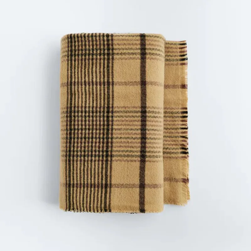

2020 new autumn and winter Za home Tan stripe Plaid women's scarf soft touch, double-sided thickening,warm keeping with a shawl