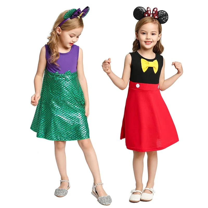 MUABABY Kids Princess Summer Dress for Girls Child Snow White Belle Mickey Casual Cotton Birthday Costume with Accessories | Детская