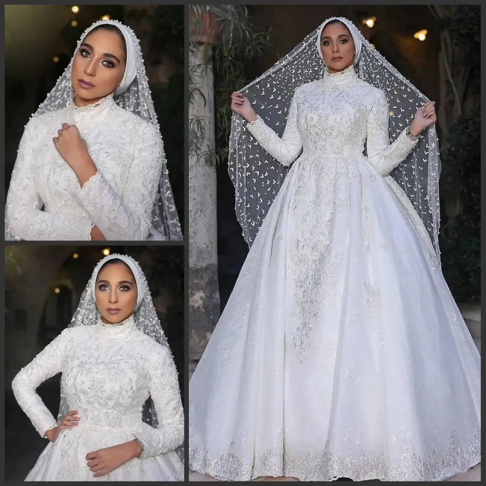 

Classic Muslim Bride Dress Ball Gown With Veil High Neck Long Sleeves Appliques Beaded Sweep Train Floor Length Vestido De Novia