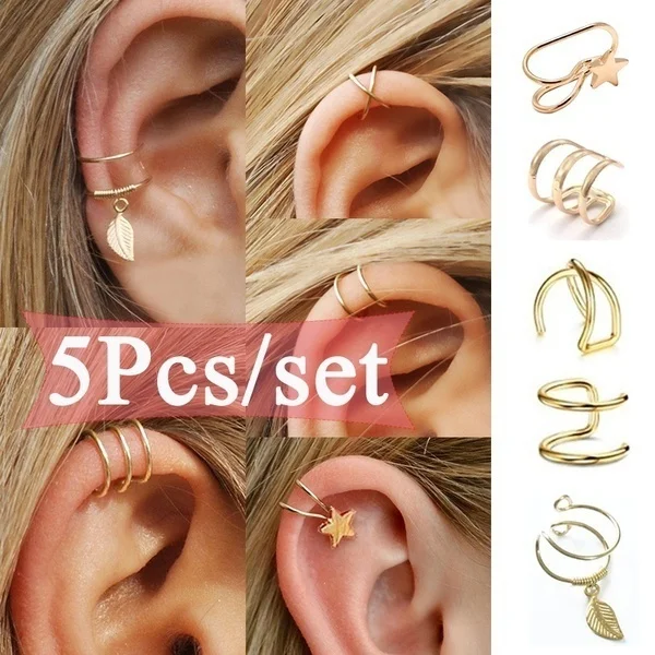 

5Pcs/set Dainty Charm Leaf Star Cross Ear Cuff for Women Minimalist No Piercing Double Wrap Earclip Fake Cartilage Earring