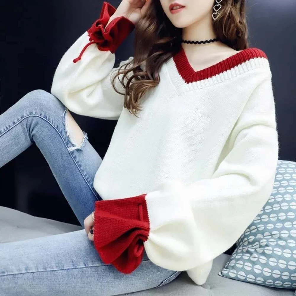 

Women Sweaters V-Neck Casual Autumn Winter Knitted Loose Female Pullovers Korean Style Fashion Cotton Clothing Pull Femme Tops