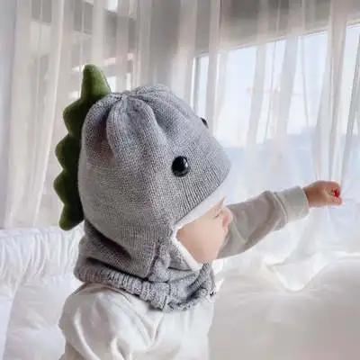 2020 autumn winter knitted hat for baby boy and girl knit dinosaur with scarf kids child children crochet | Детская одежда и обувь
