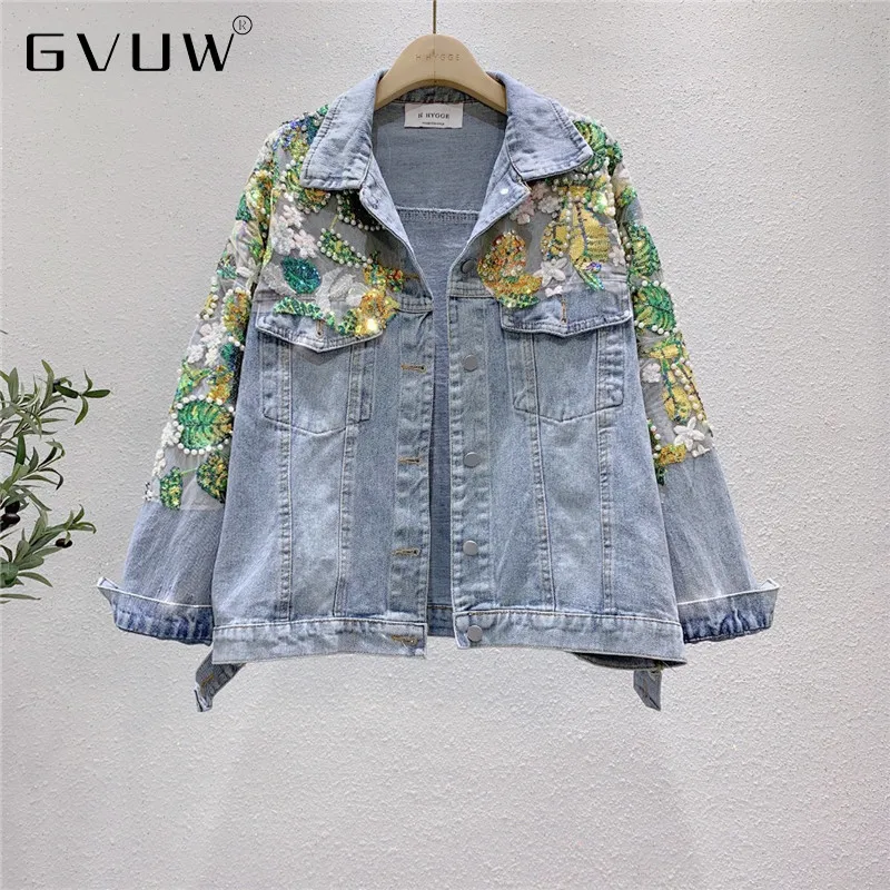 

GVUW Diamond Studded Beads Sequins Thin Denim Jacket Women women's denim jacket black autumn coat